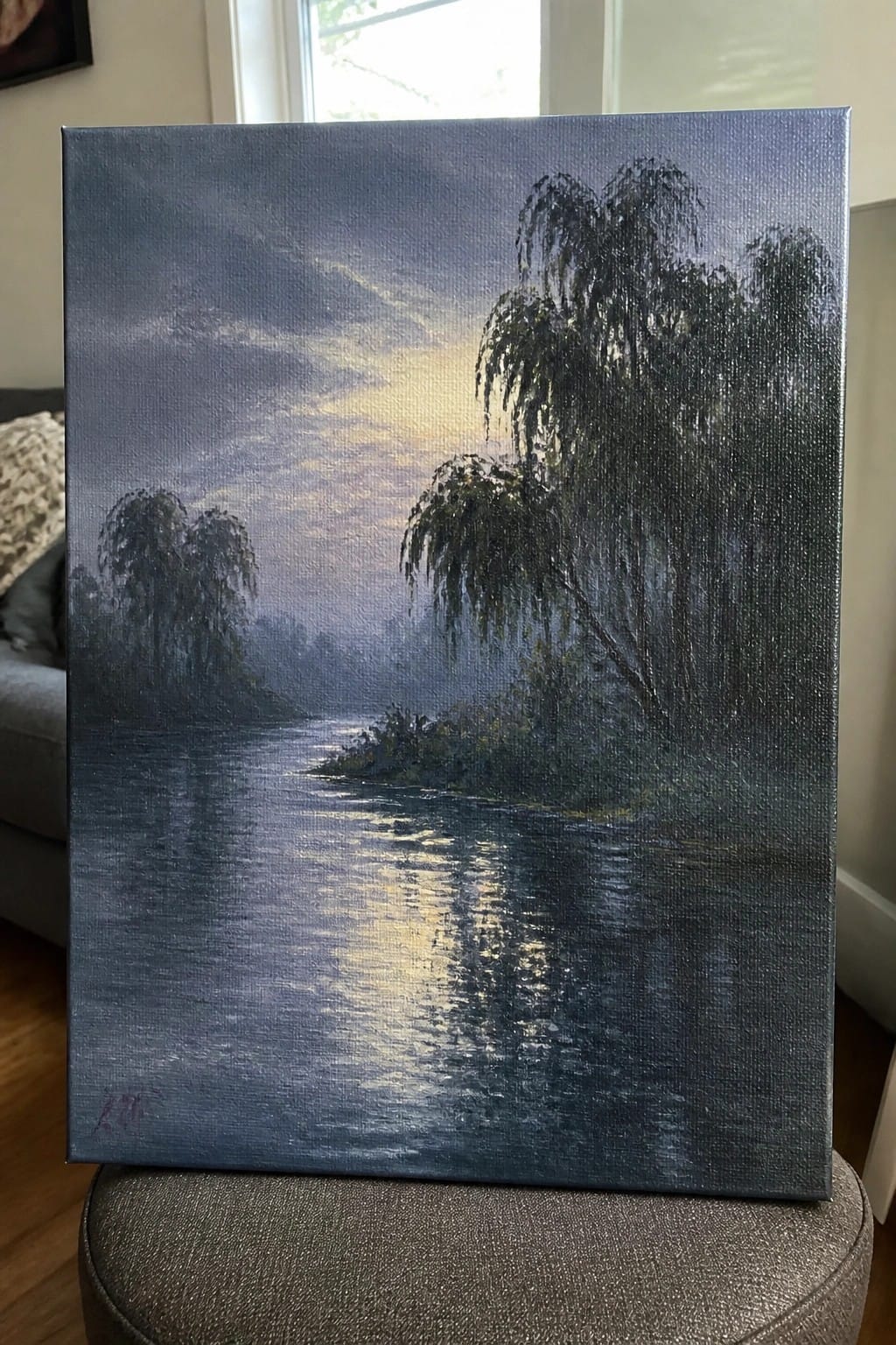 Canvas painting of misty river with weeping willows at golden sunrise.