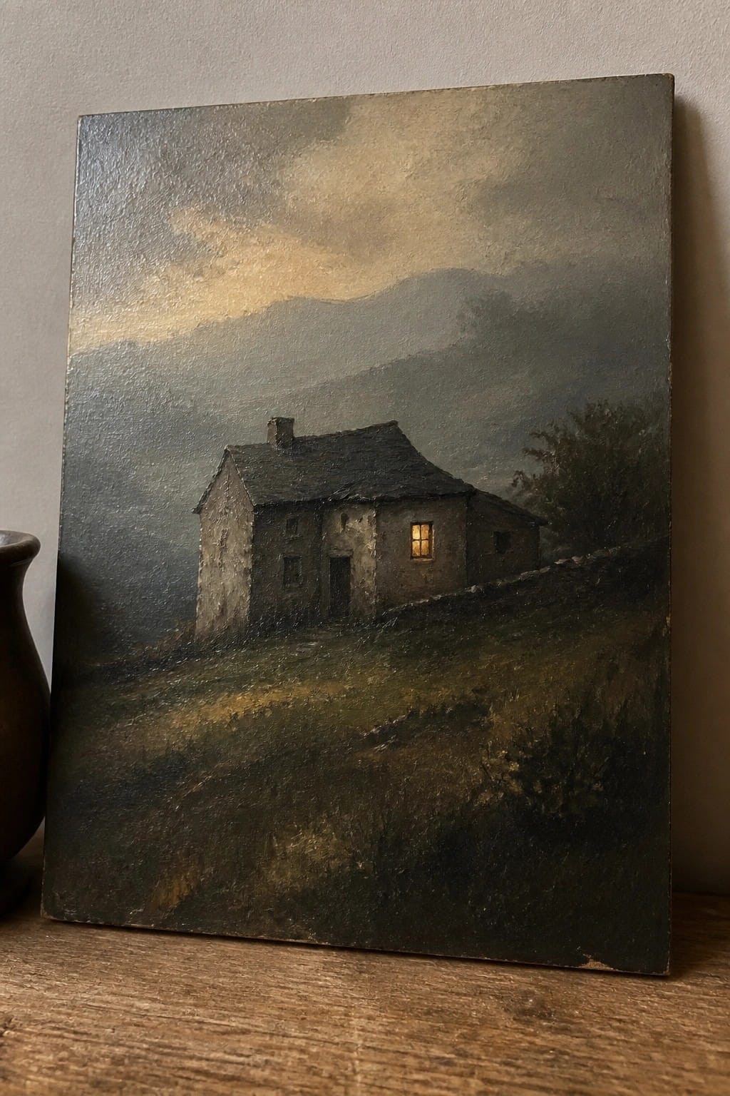 Moody oil painting of stone cottage with glowing window amid misty mountains at dusk
