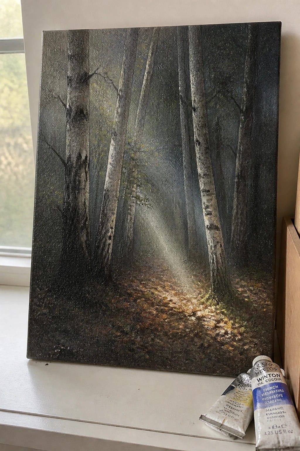 Oil painting of misty forest with sunlight rays and paint tubes on windowsill.