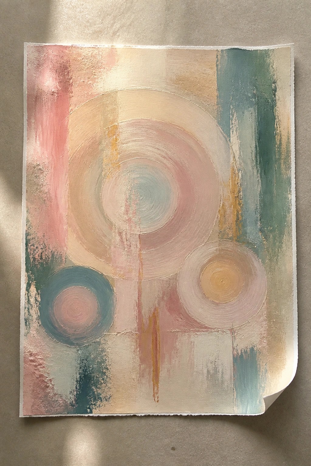 Abstract painting with concentric circles in soft pink, teal, and beige tones.