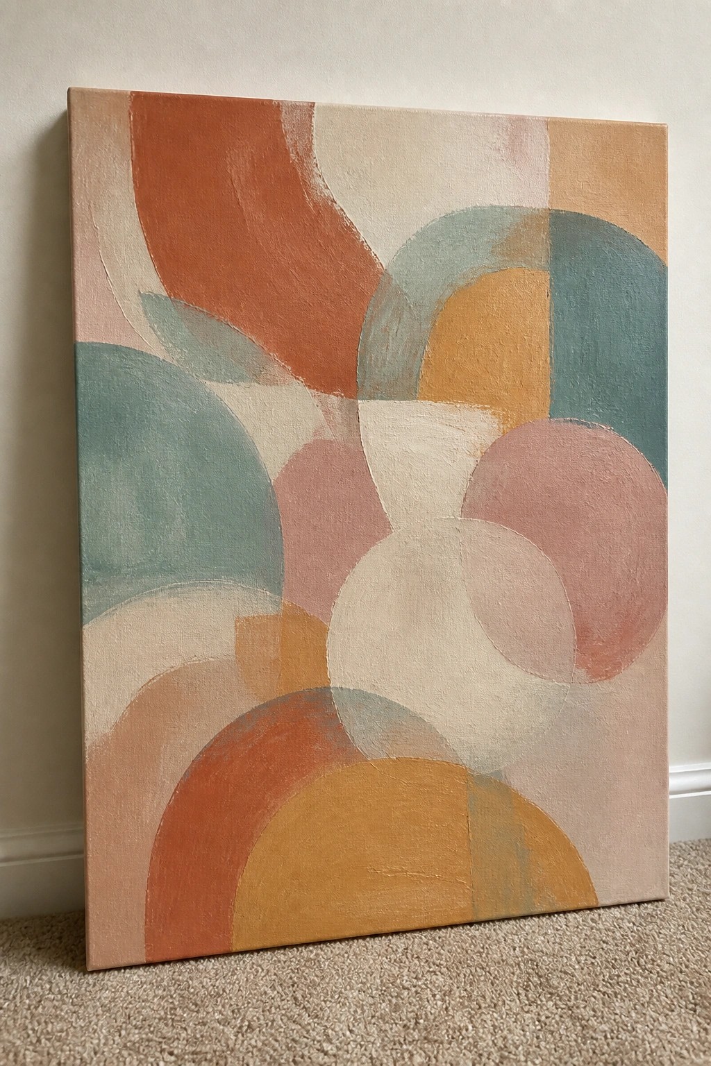 Abstract painting with overlapping curves in terracotta, teal, mustard and pink leaning on wall