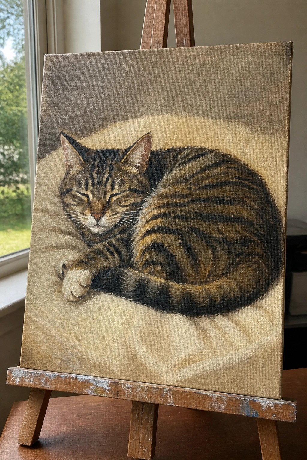 Sleeping tabby cat curled on canvas atop wooden easel by window.