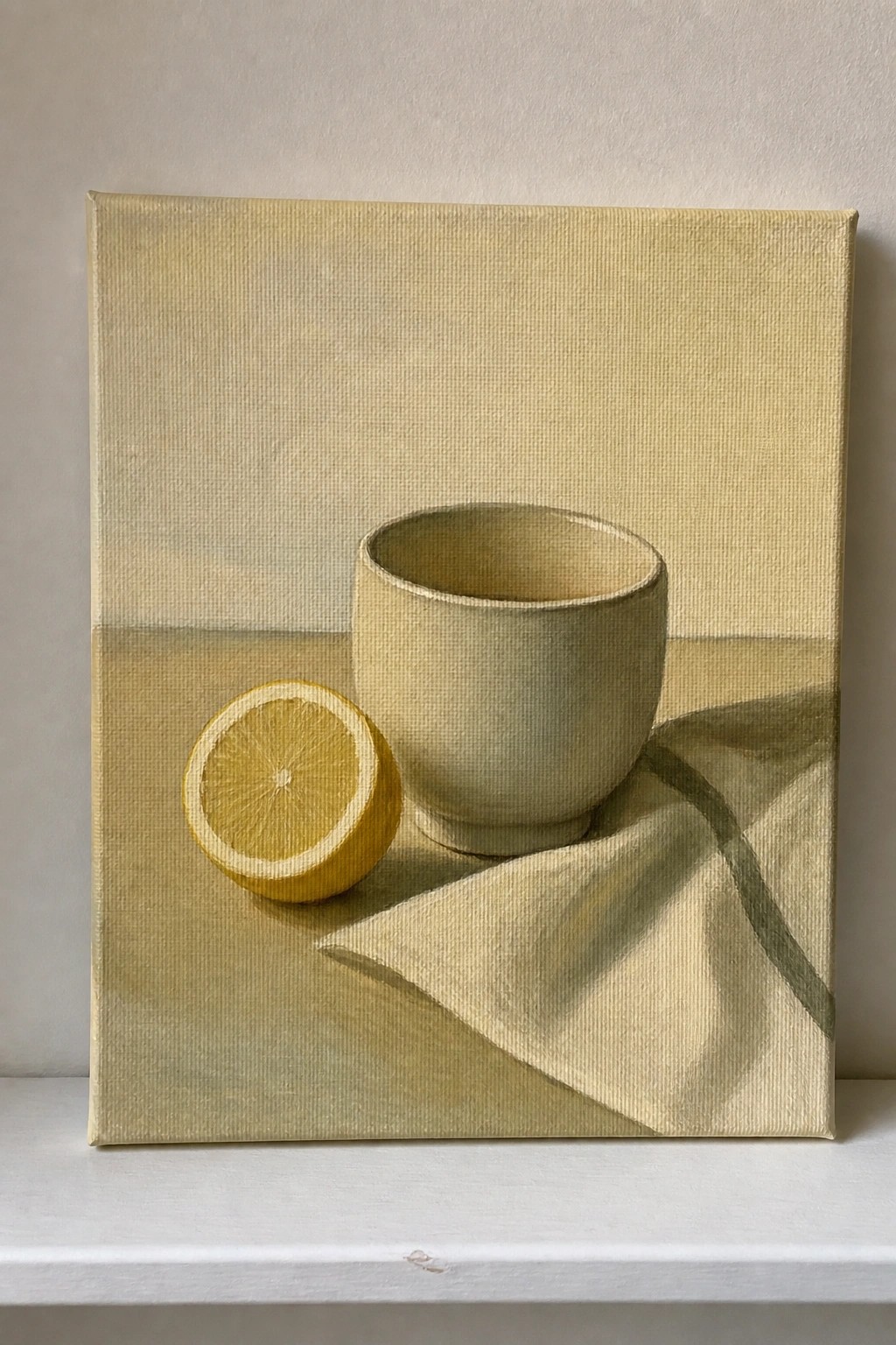 Still life with halved lemon, beige bowl, and draped cloth in muted tones.