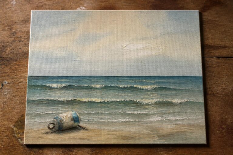 Miniature seascape painting of striped buoy with chain on sandy beach by ocean waves under clouds
