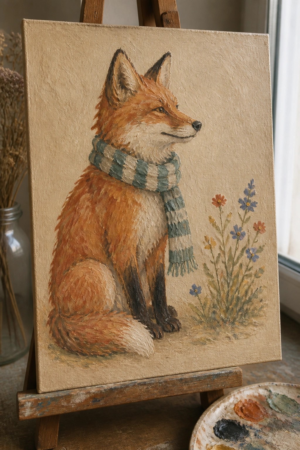 Oil painting of fox in green checkered scarf beside wildflowers on easel