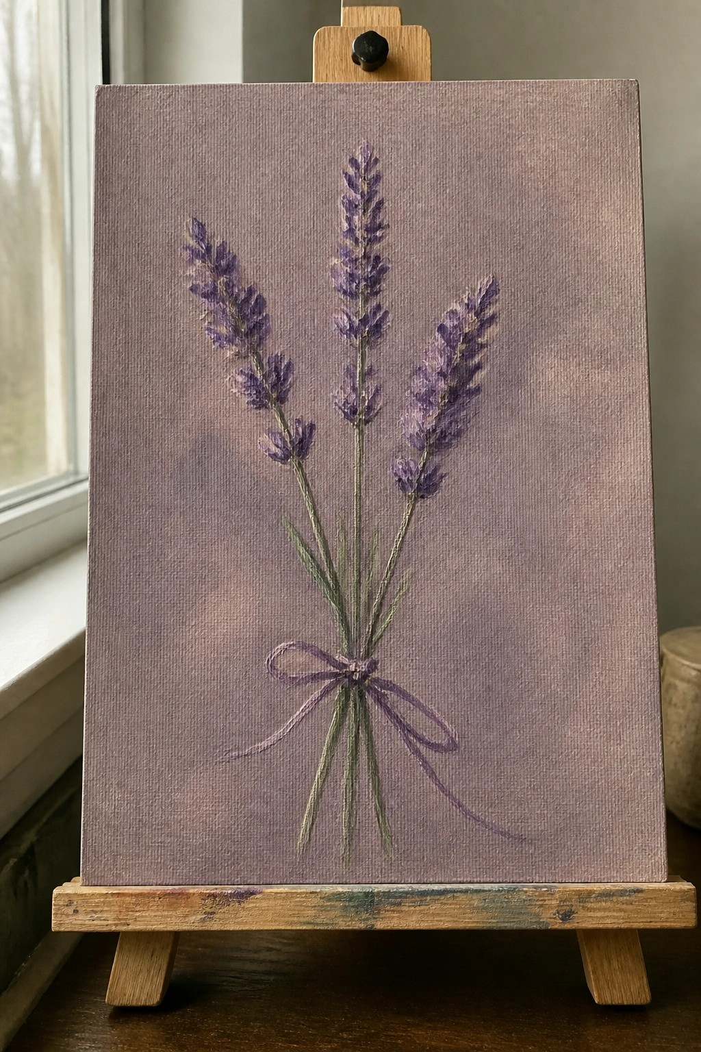 A small oil painting of lavender stems tied with a purple ribbon bow on a muted purple canvas resting on a wooden easel.