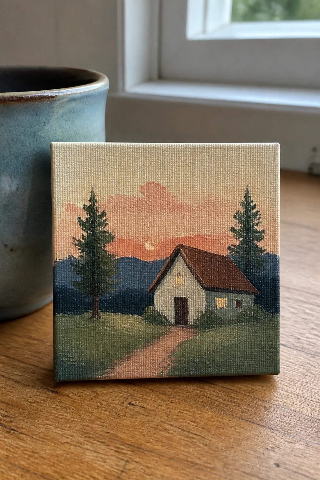 Small canvas painting of a lit house at sunset beside a blue ceramic mug.
