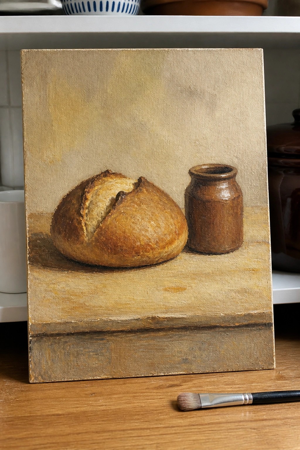 Still-life painting of crusty bread loaf beside small brown jar on wood