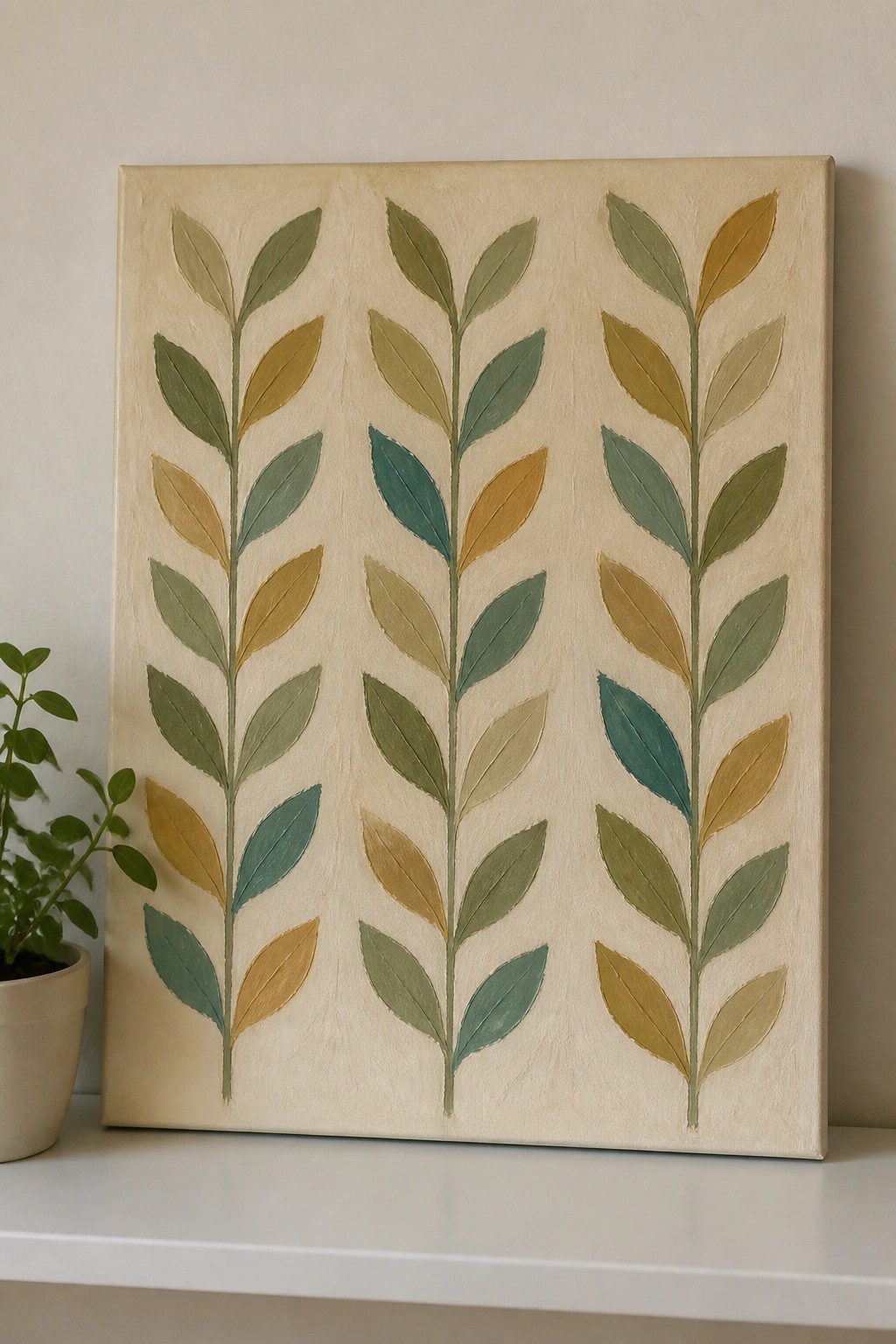 Canvas with three vertical stems of green, teal and gold leaves on beige background