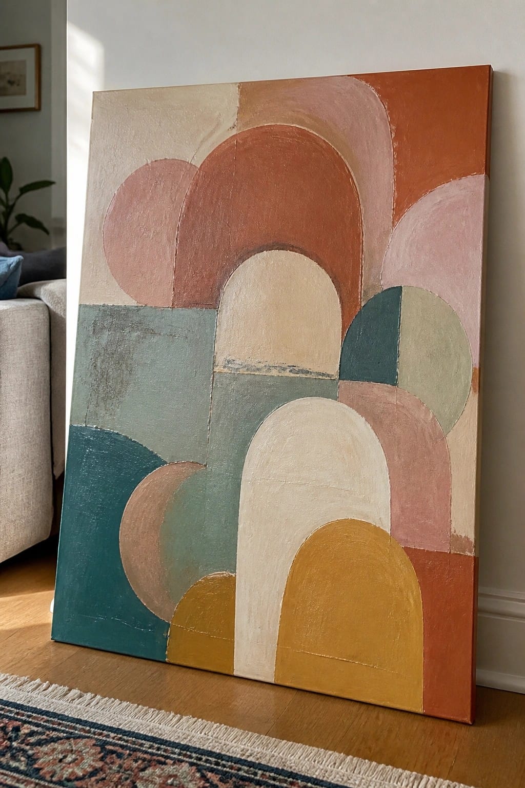 Abstract painting with colorful arches and semicircles in terracotta, teal, and mustard tones on wooden floor