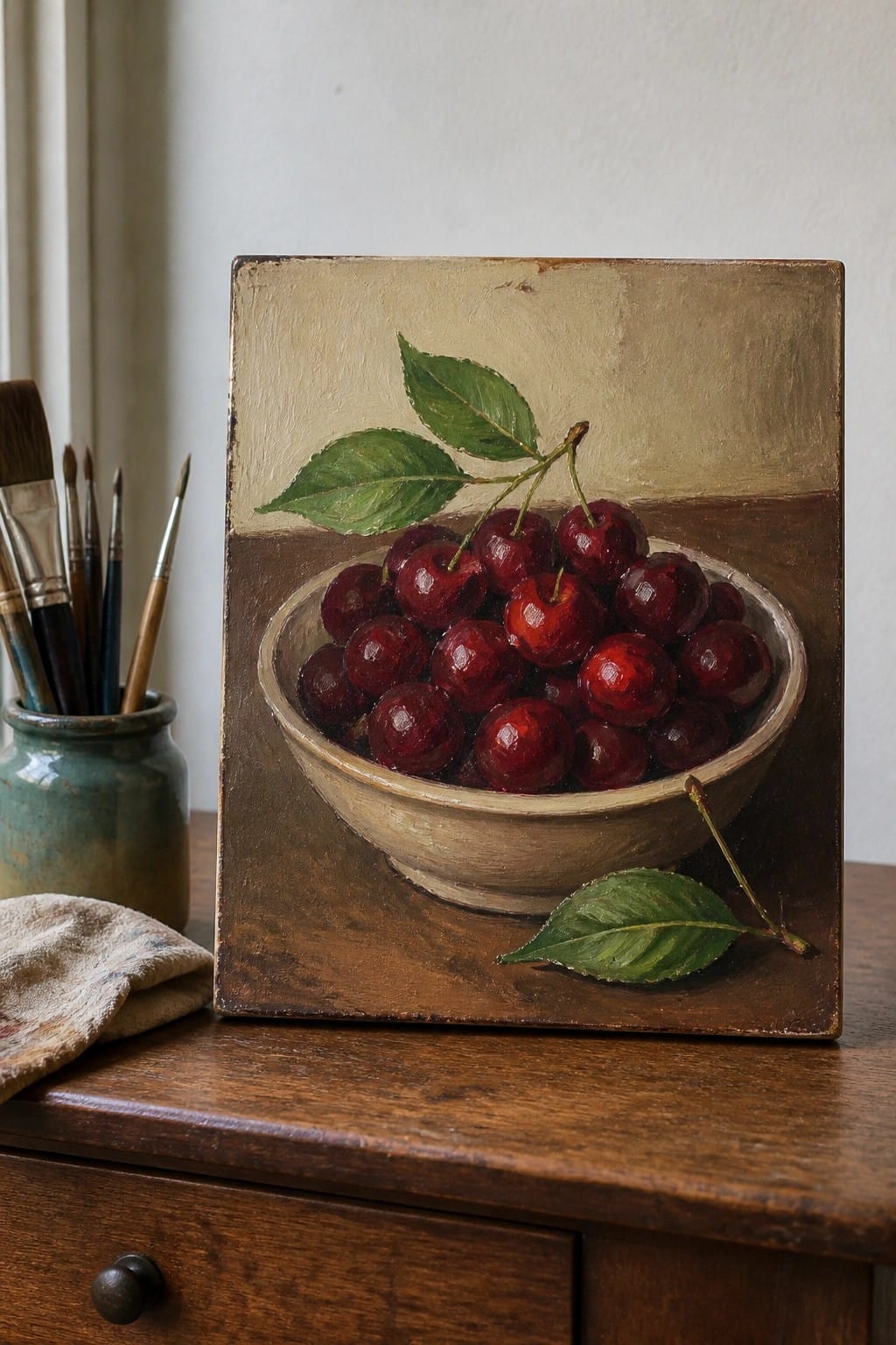 Oil painting of red cherries in bowl with leaves on wooden table beside paintbrushes