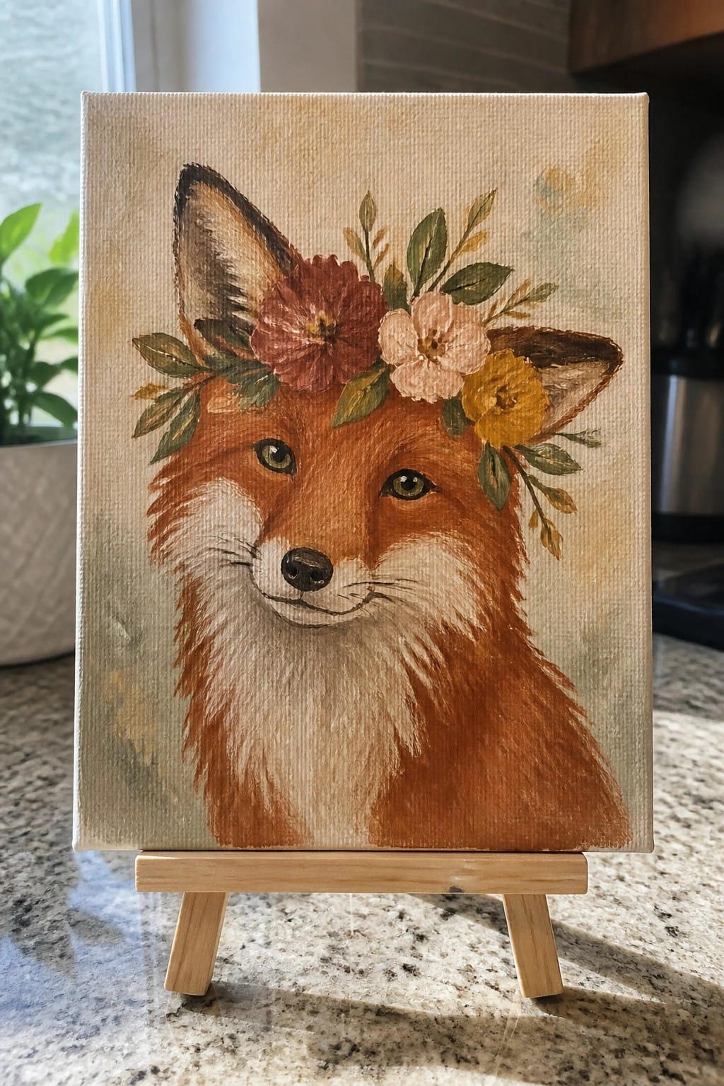 Red fox with floral crown painted on canvas atop wooden easel
