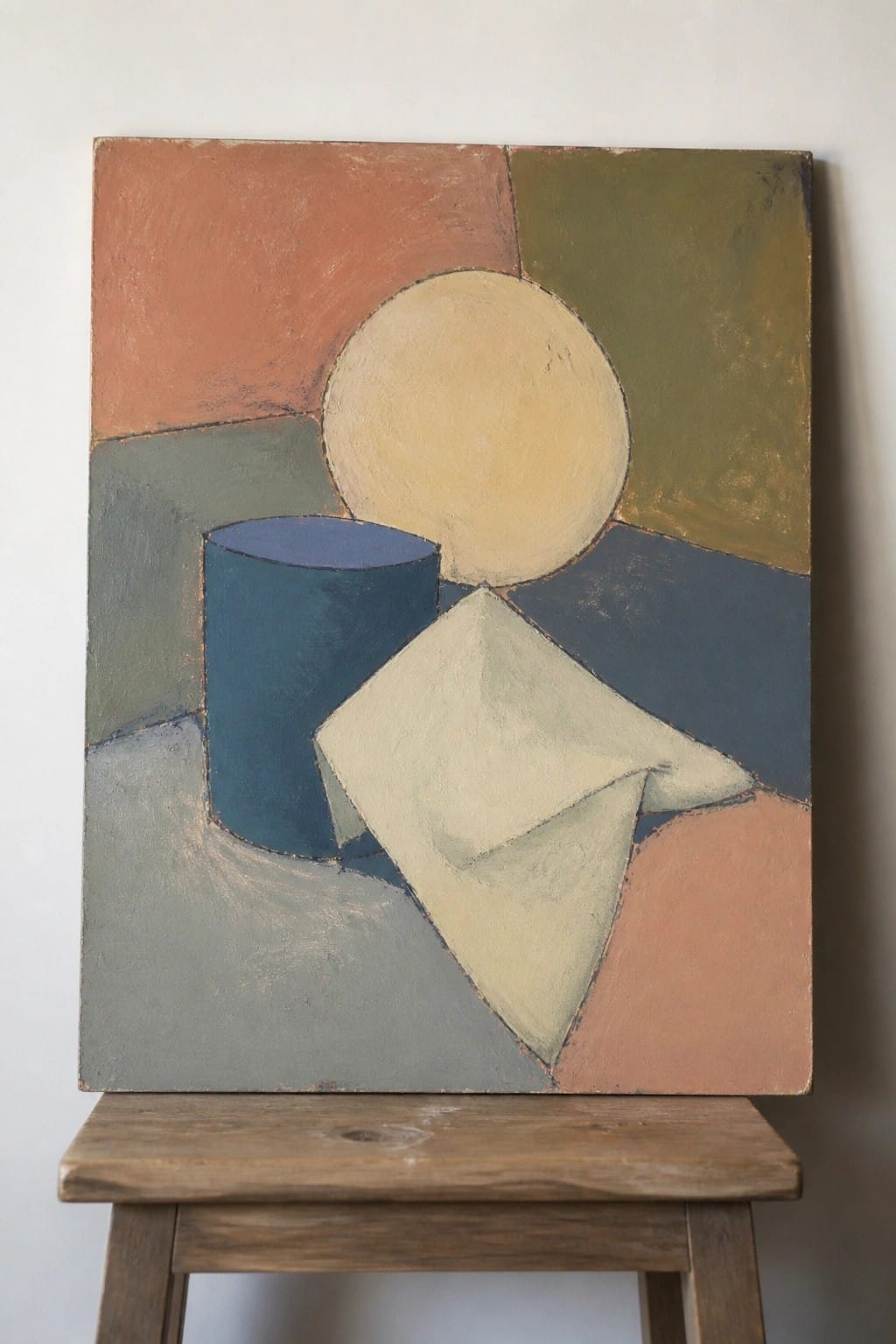Abstract painting with beige circle, blue cylinder, and pale diamond on wooden easel.