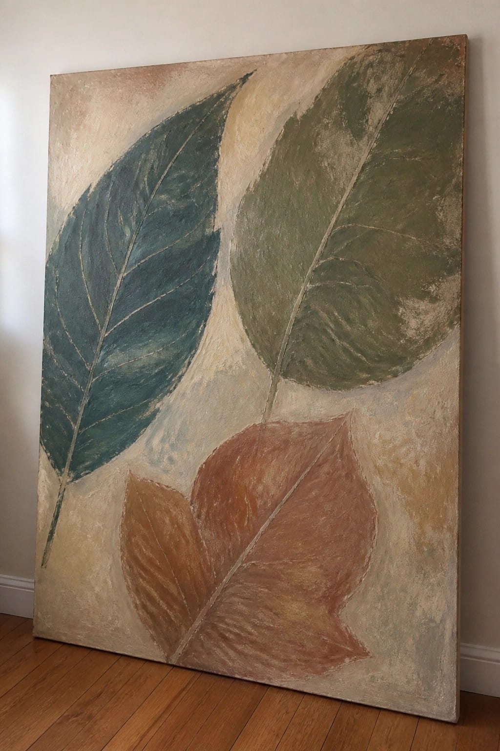 Large abstract painting of oversized leaves in teal, green, and rust on textured beige background