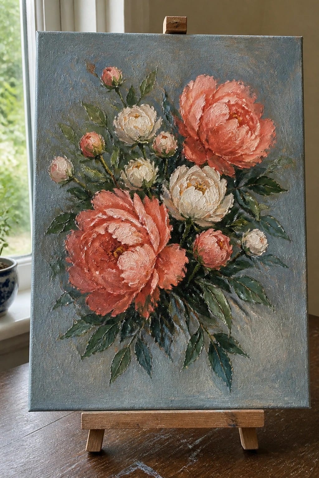 Oil painting of coral and white peonies on wooden easel with blue-gray background