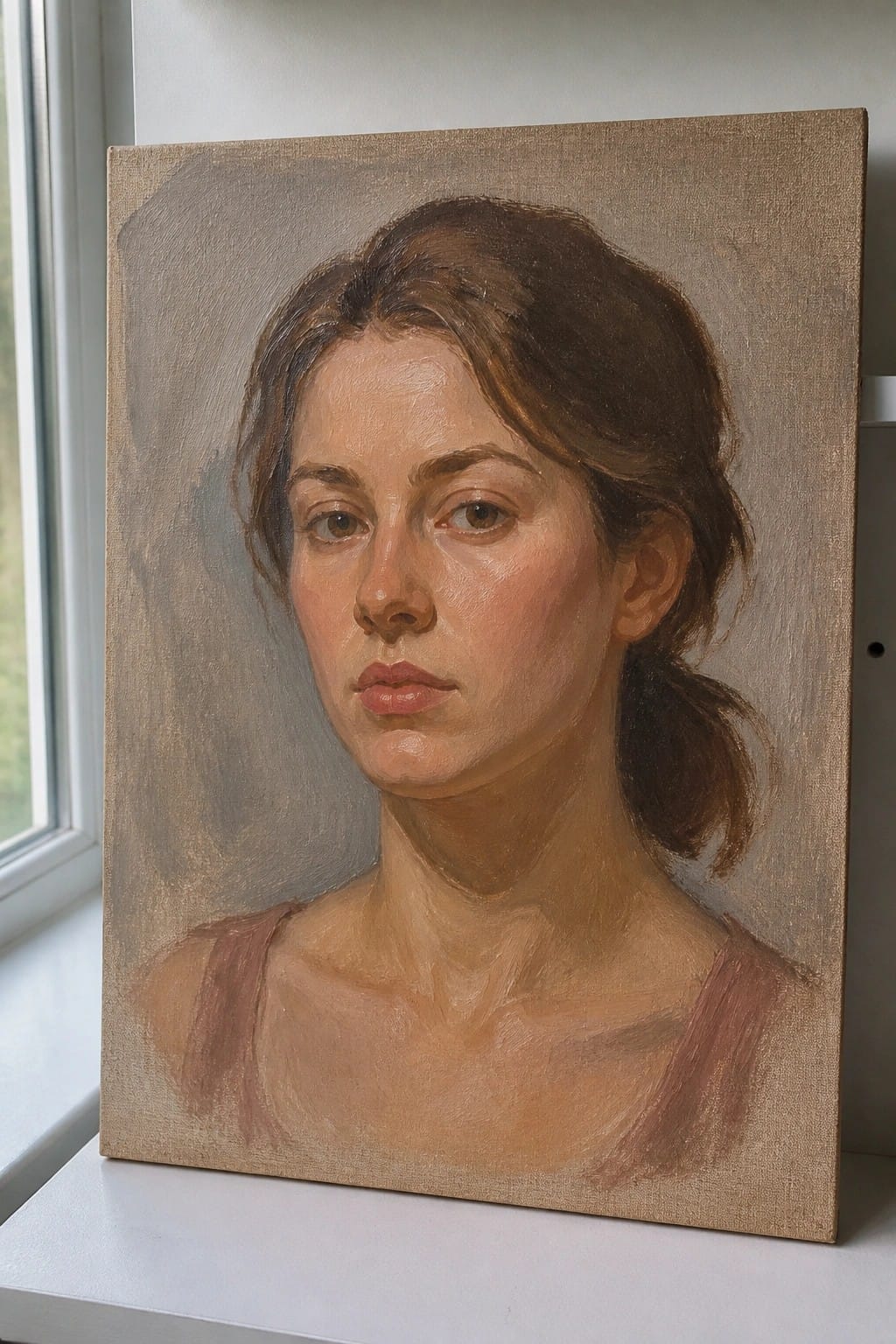 Realistic oil portrait of a woman with brown hair in ponytail wearing pink top.