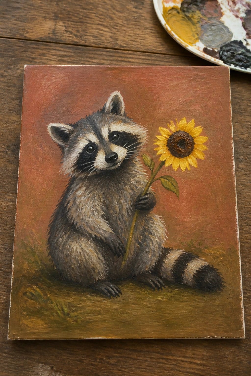 Raccoon holding sunflower against reddish background in realistic canvas painting