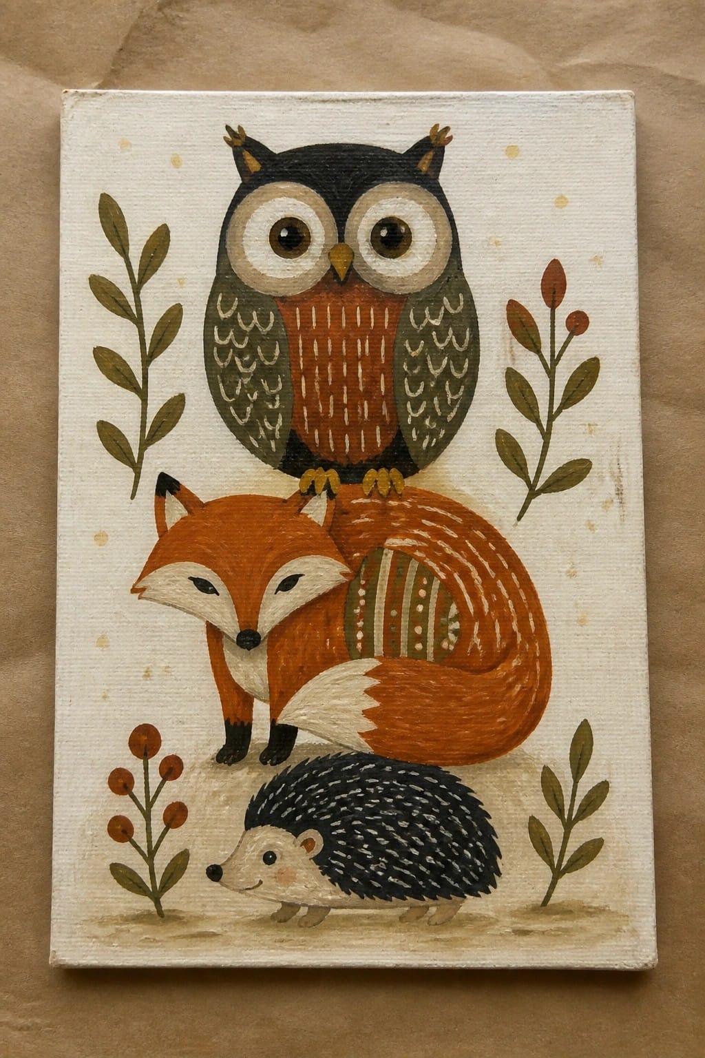 Owl perched on fox above hedgehog, with decorative leaves and berries on canvas.