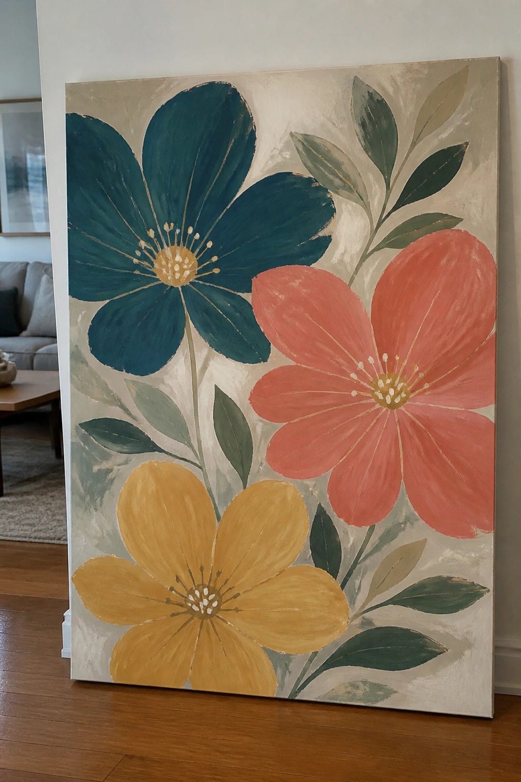 Vibrant abstract painting of teal, coral, and yellow flowers with green leaves.