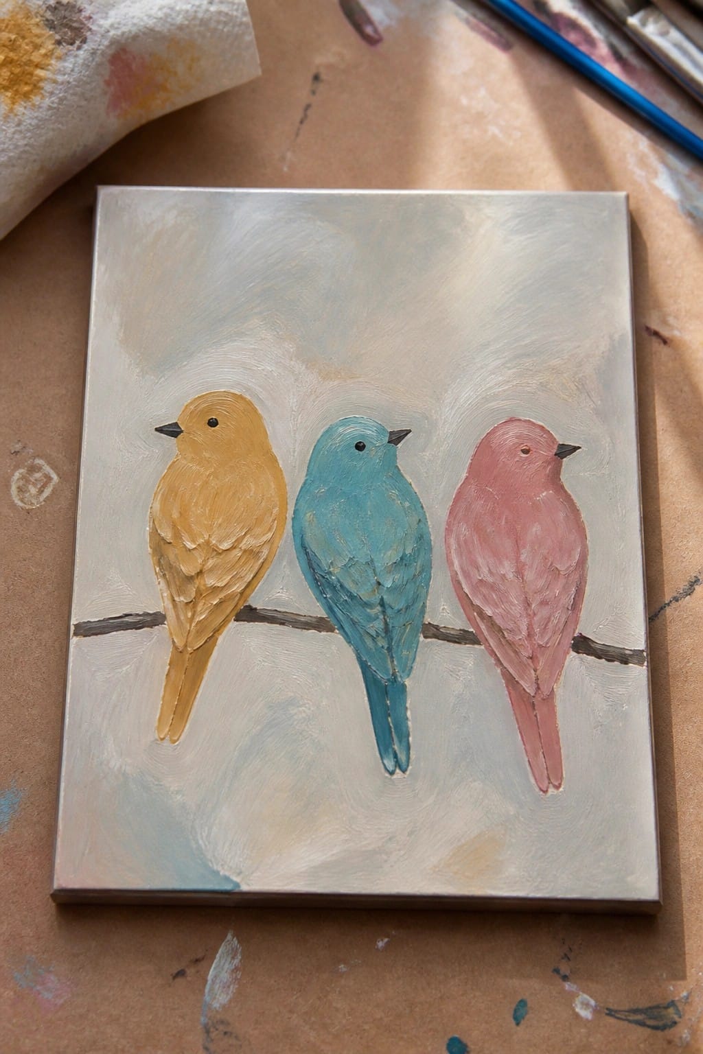 Three birds in yellow, blue, and pink perched on a thin branch.