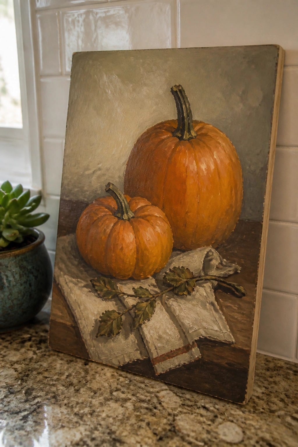 Still-life oil painting of two orange pumpkins on a white cloth with leaves.