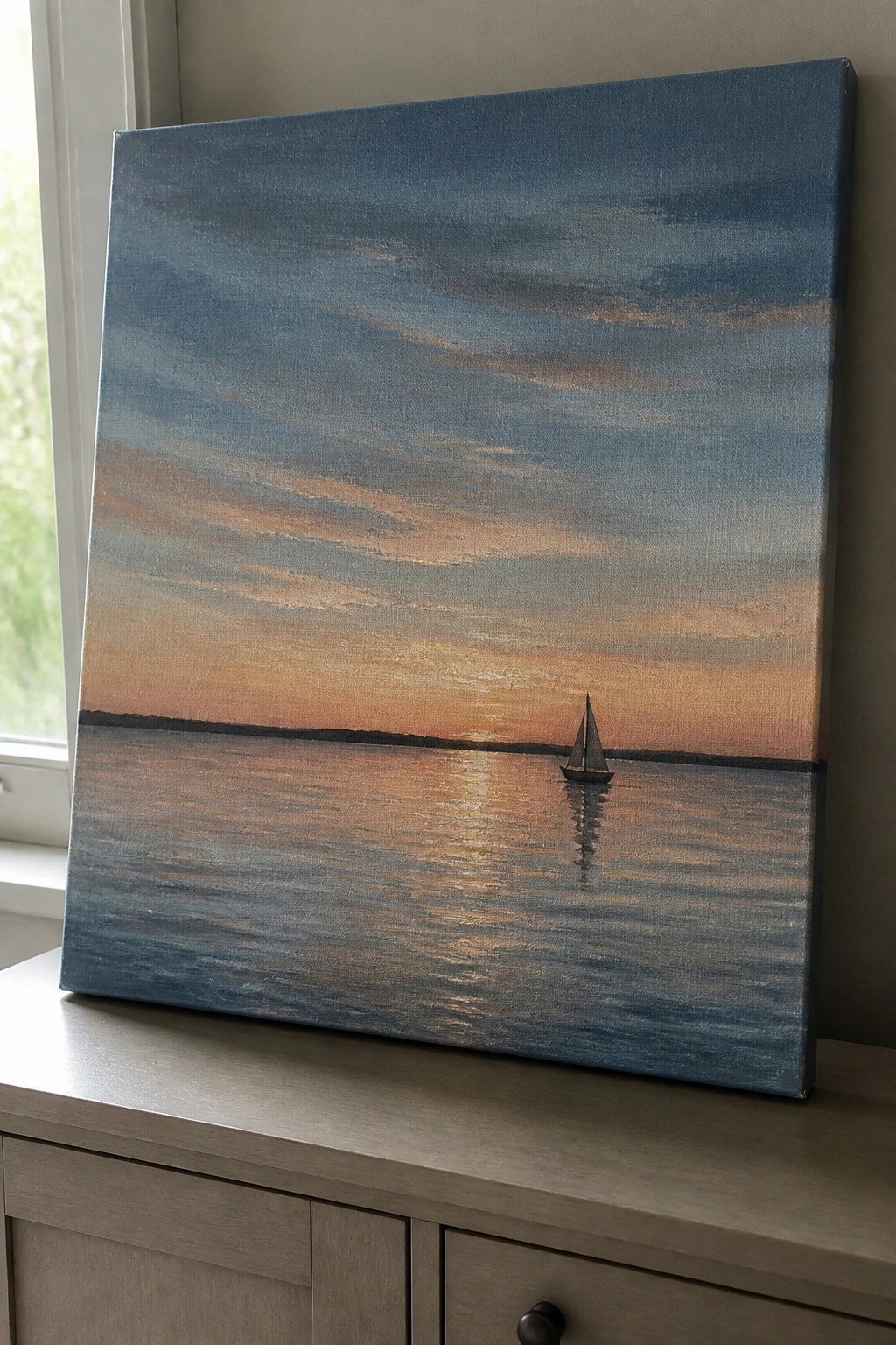 Oil painting of sailboat on calm sunset waters atop wooden cabinet