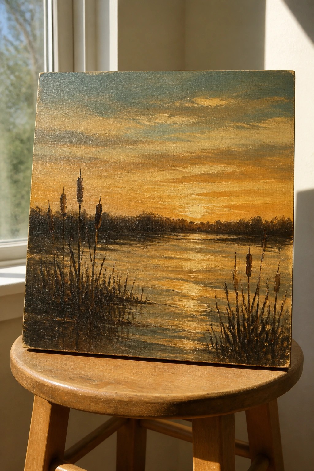 Oil painting of sunset over water with reeds on wooden stool by window