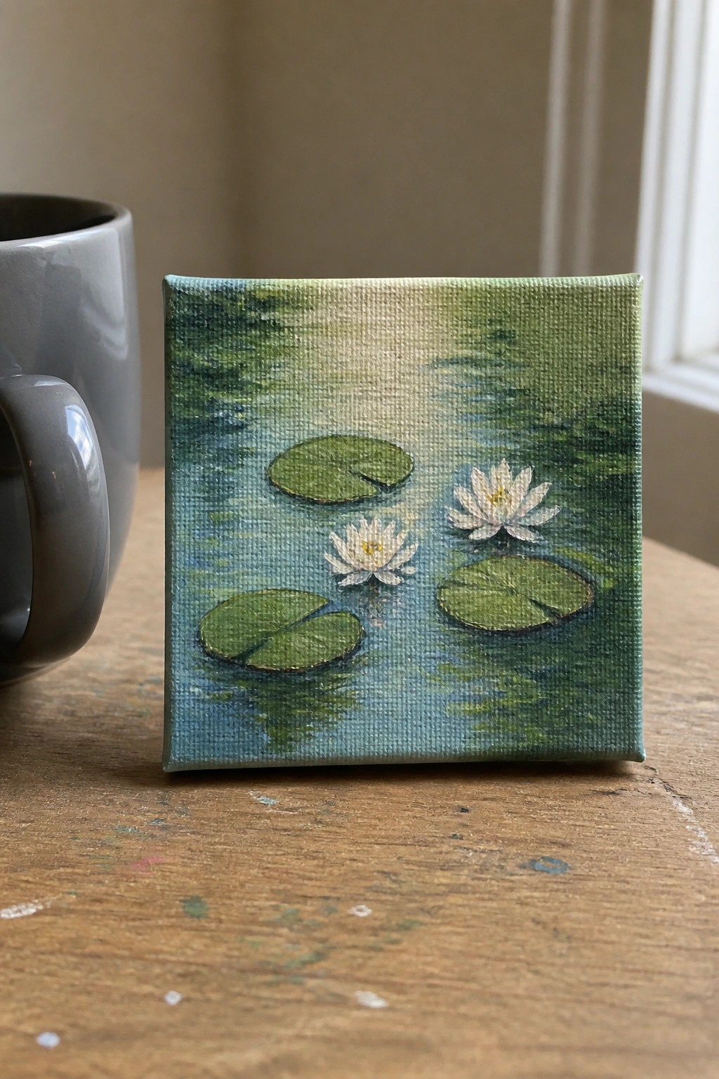 Small canvas with white water lilies and green pads beside gray mug on wood.