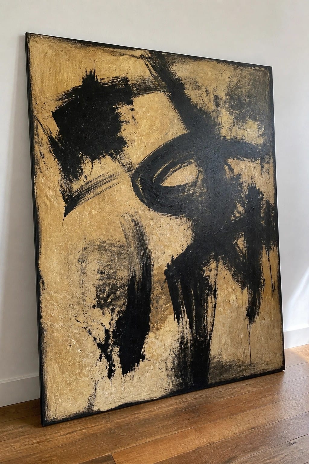 Abstract painting with bold black strokes on textured gold background, leaning on wooden floor.