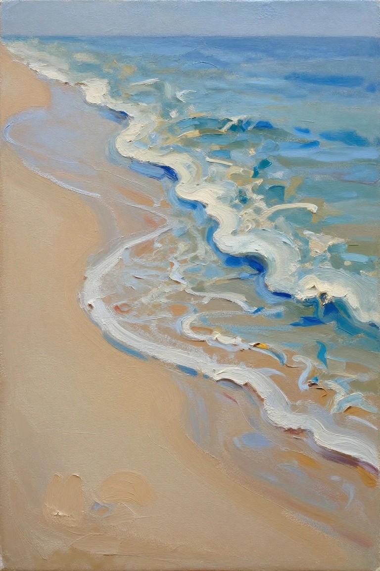 Expressive oil painting of white-foamed blue waves meeting a sandy shoreline.