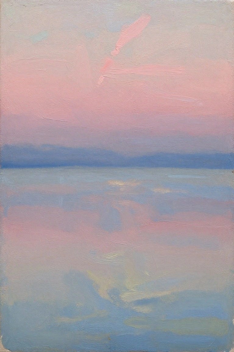An abstract oil painting showing soft pink and blue sky layers above a calm body of water with faint distant hills.