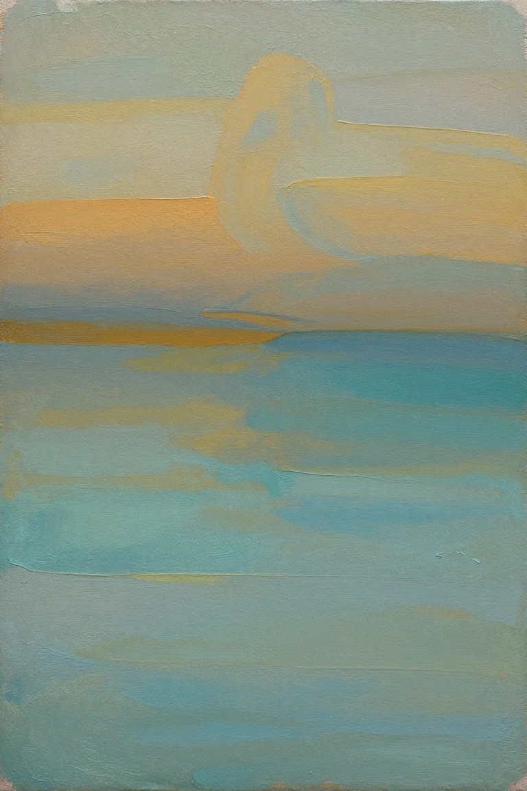 Abstract painting with soft horizontal strokes in blues, yellows, and greens.