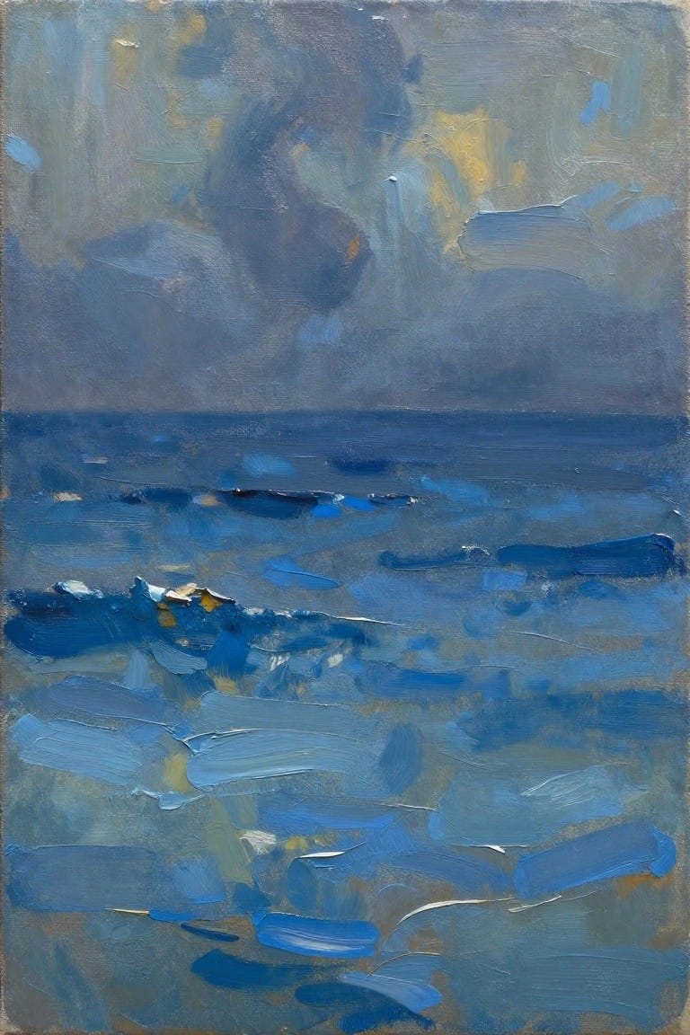 Abstract seascape with layered blue waves under a dark, stormy sky in oil paint.