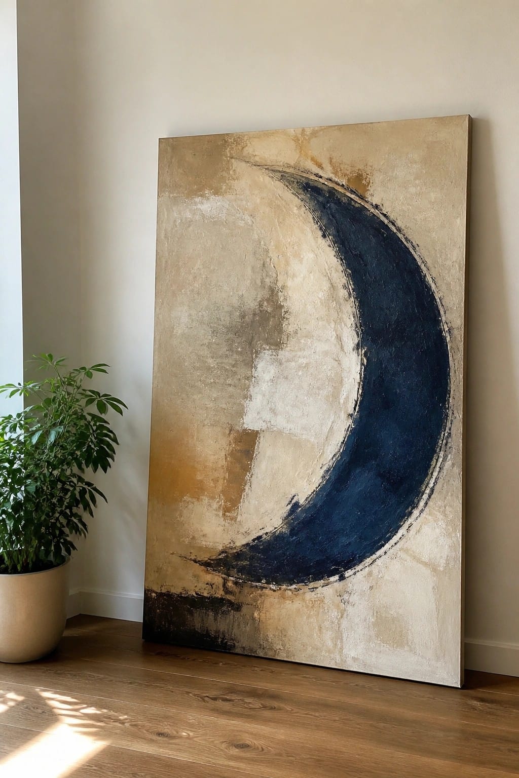 Abstract painting with dark blue crescent on textured beige and gold background beside plant
