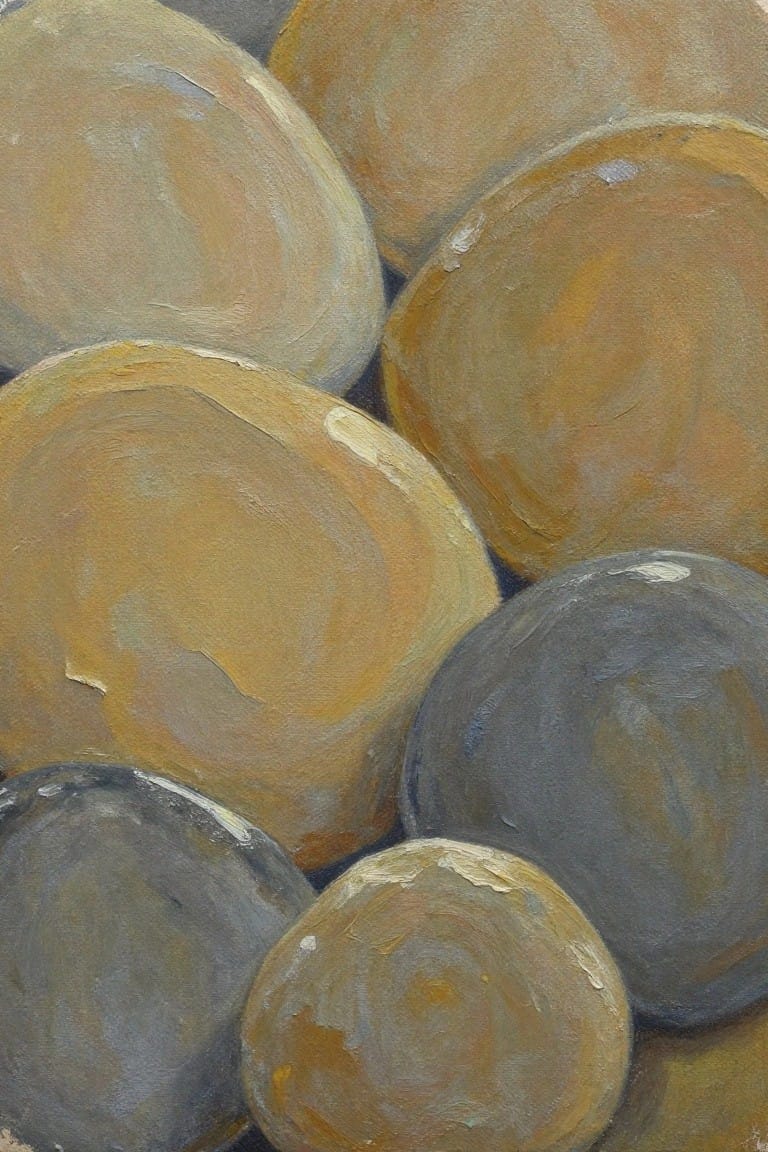 Close-up of overlapping round stones in brown, gray, and ochre with brushstrokes