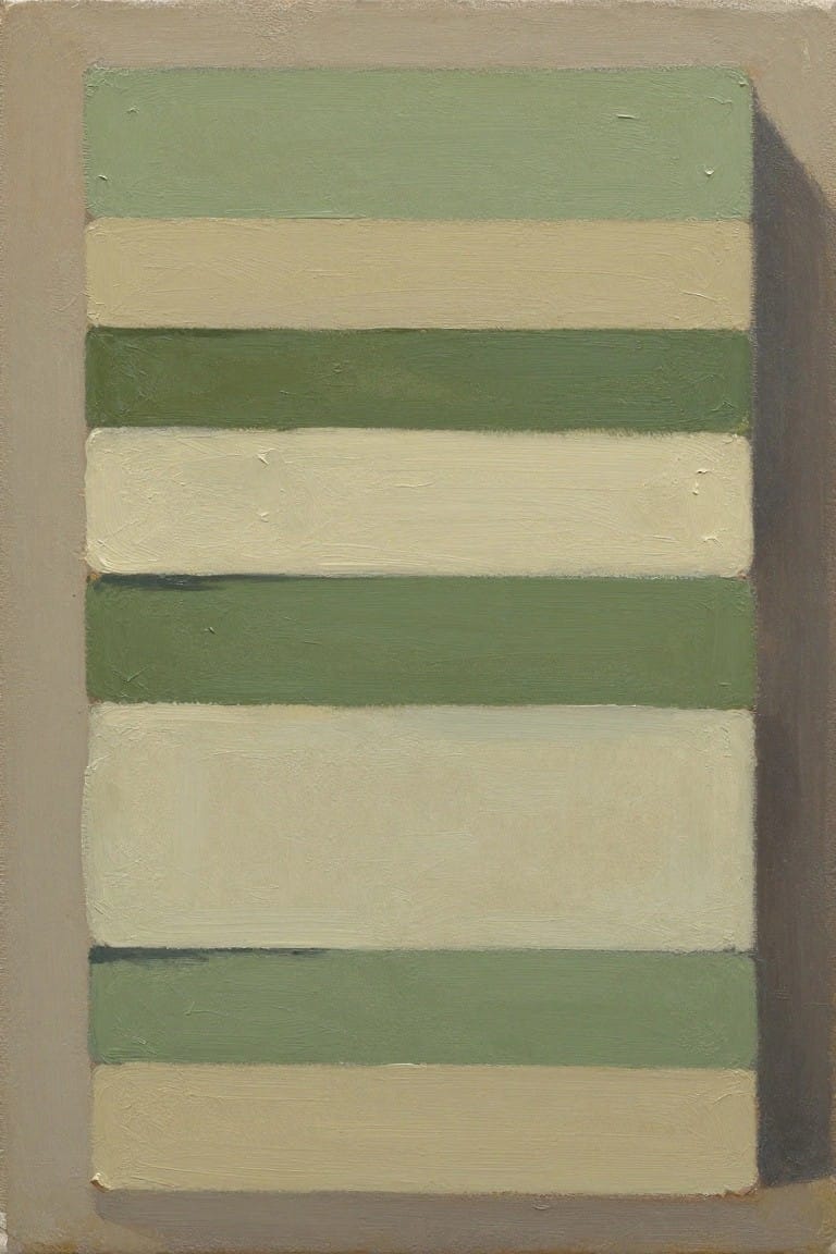 Abstract painting of horizontal stripes in alternating green and cream shades.