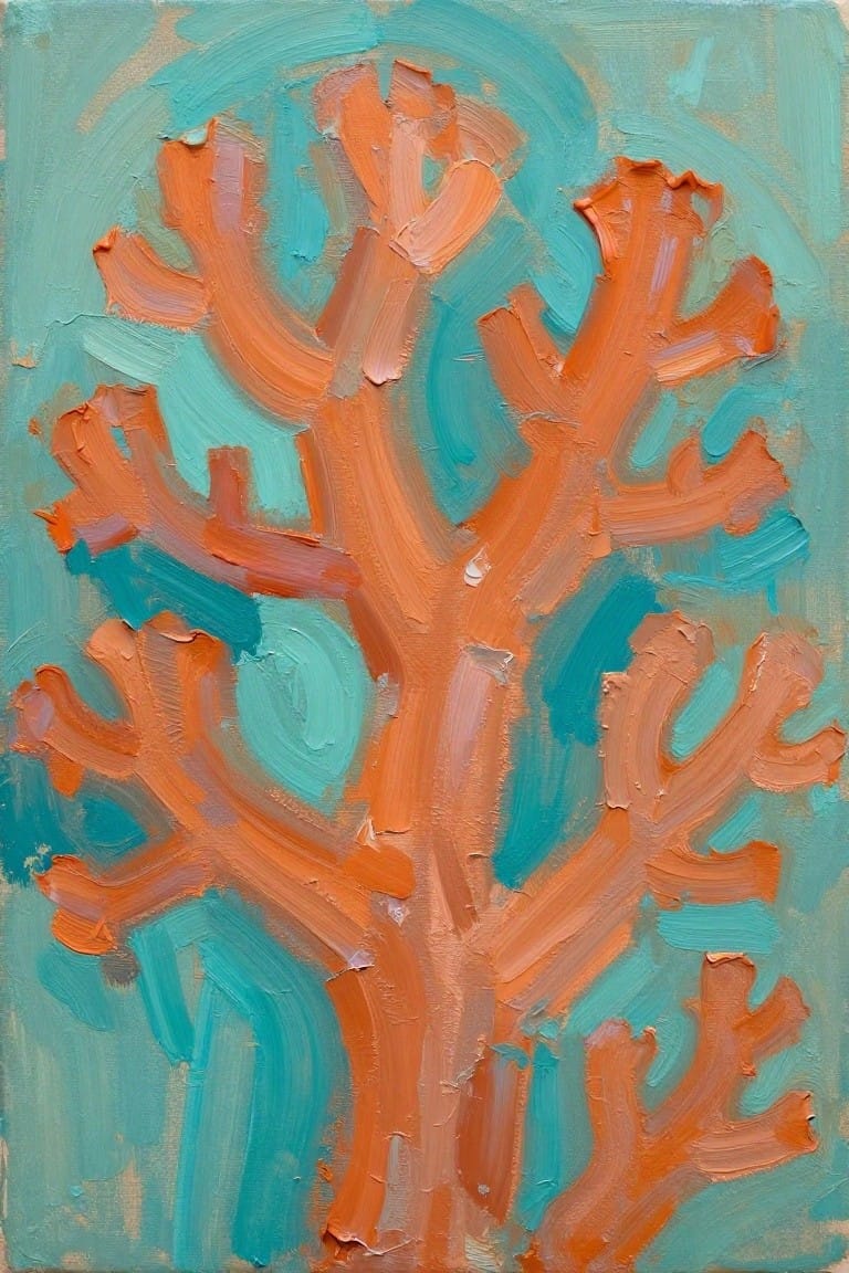 Thickly textured painting of orange tree branches on swirling teal background