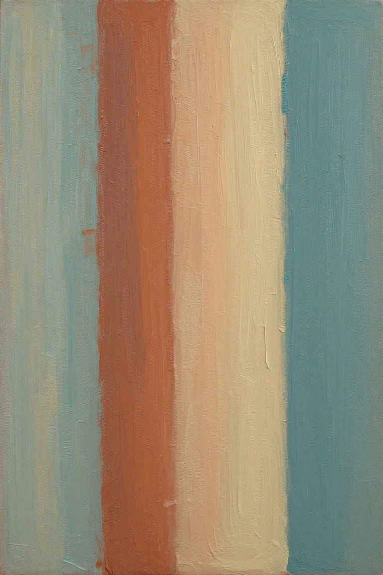 Textured abstract painting with vertical stripes in blue, orange, beige, and teal