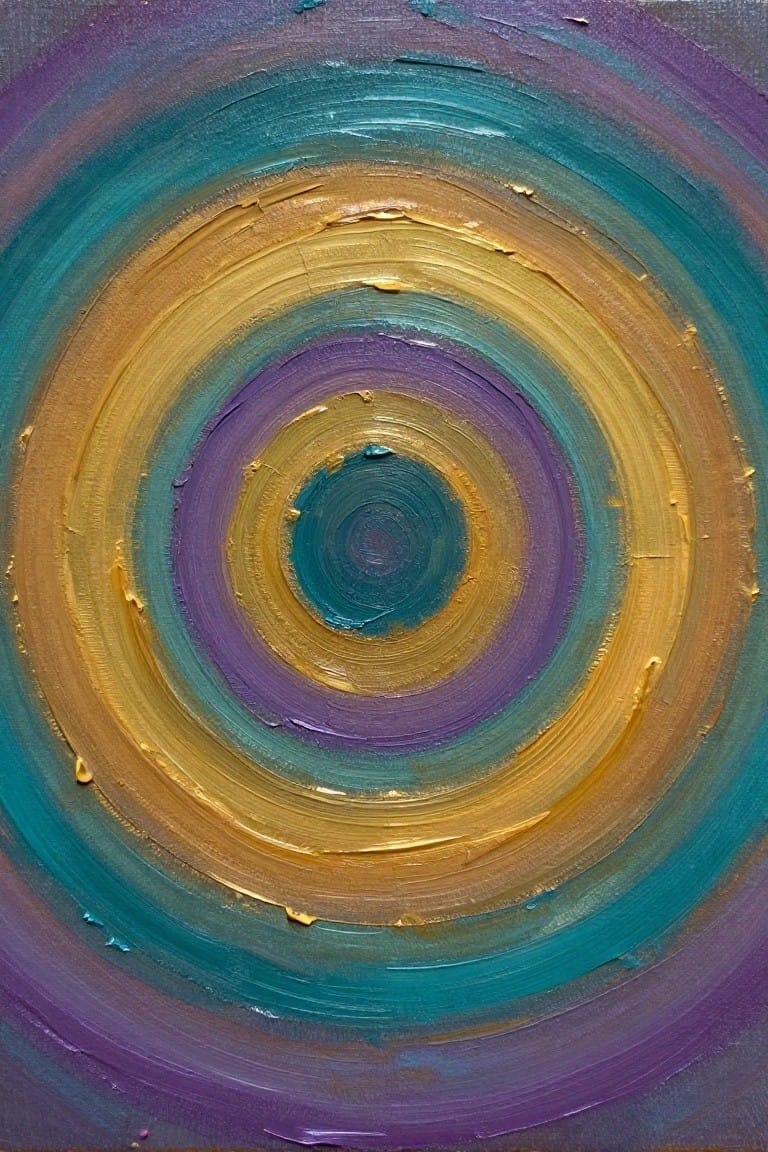 An abstract oil painting of concentric circles in purple, teal, and gold with textured brushstrokes.