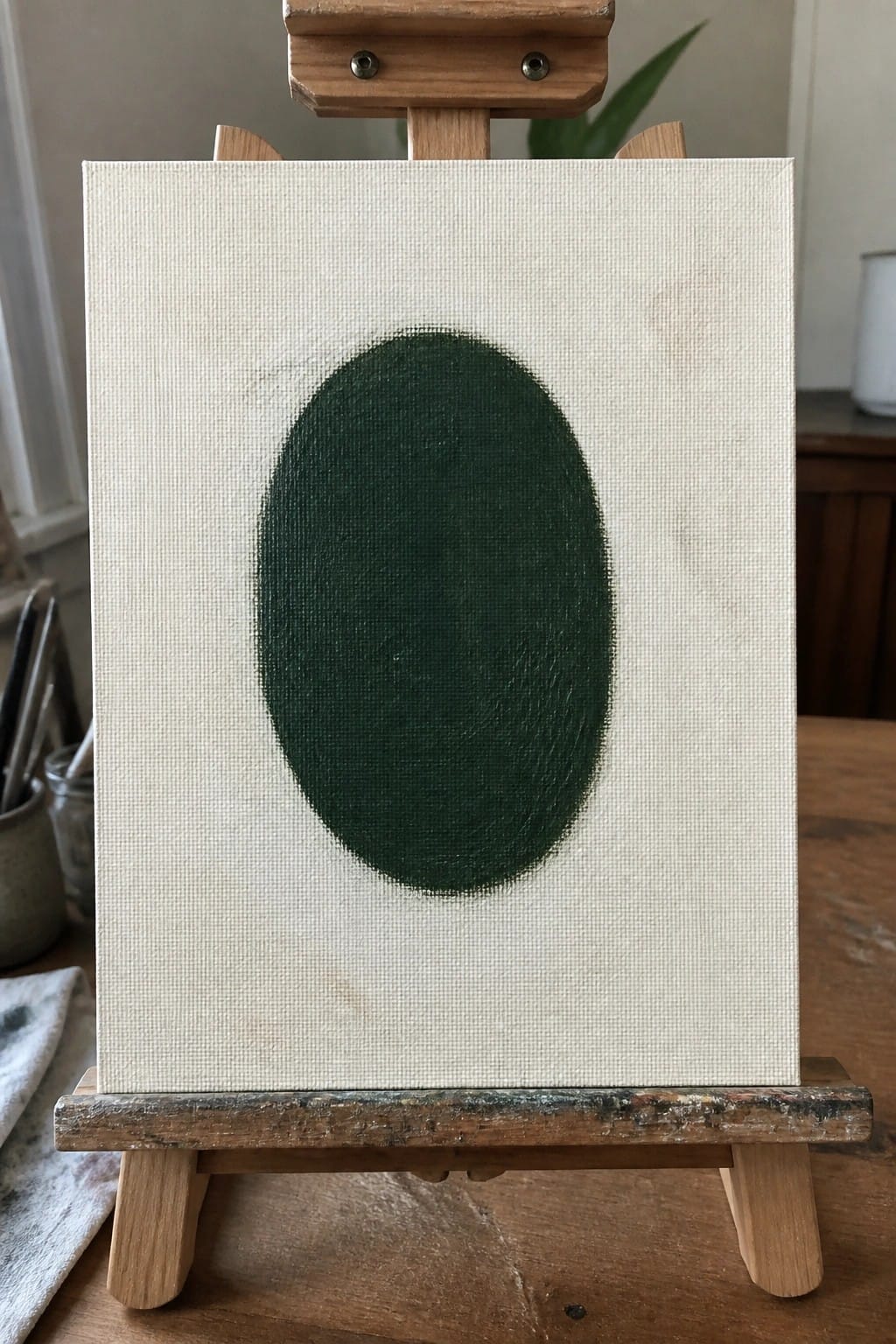 Wooden easel holding canvas with centered dark green oval on white background