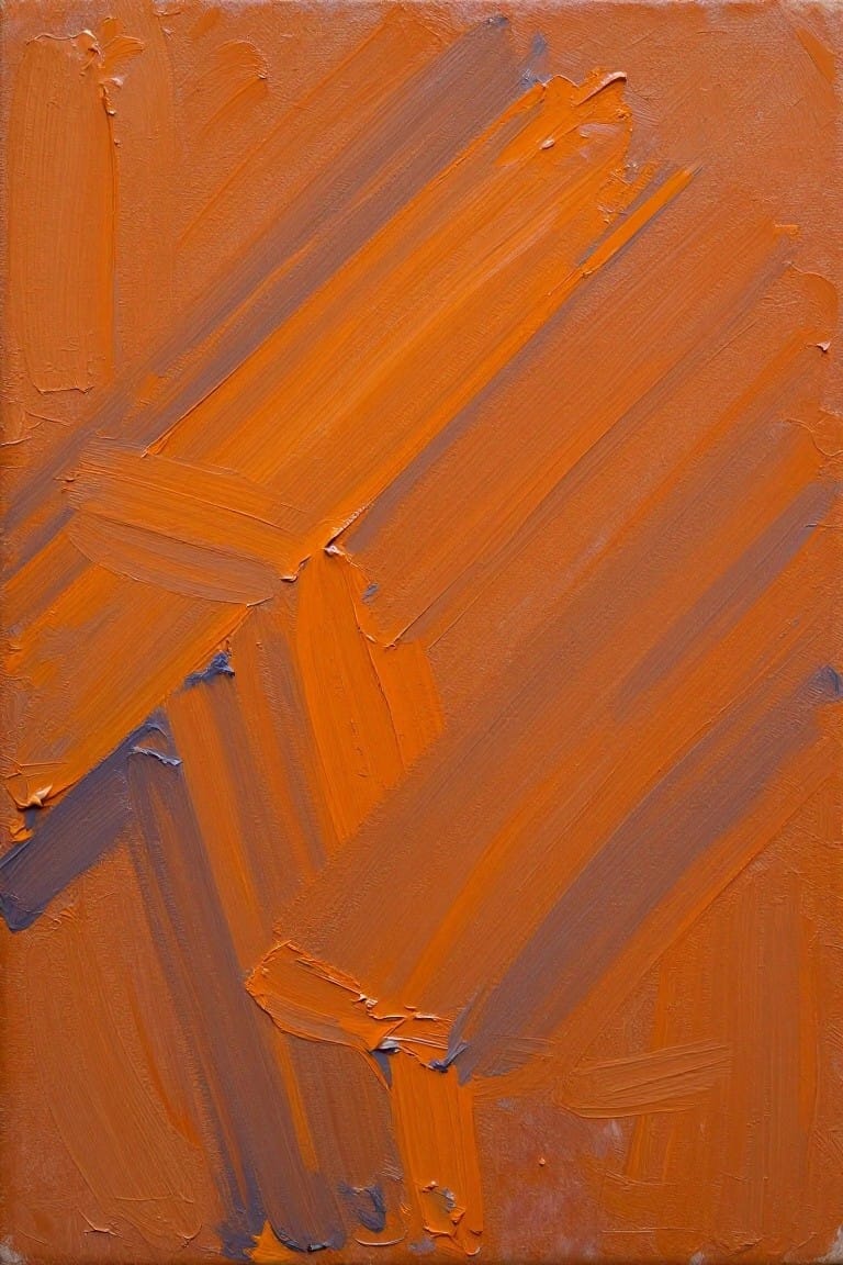 Abstract painting with thick textured strokes in orange brown and dark tones
