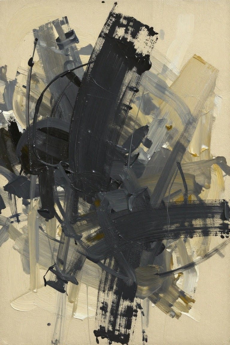 Abstract oil painting featuring thick black brushstrokes layered over beige, gray, and muted yellow tones on a light background.