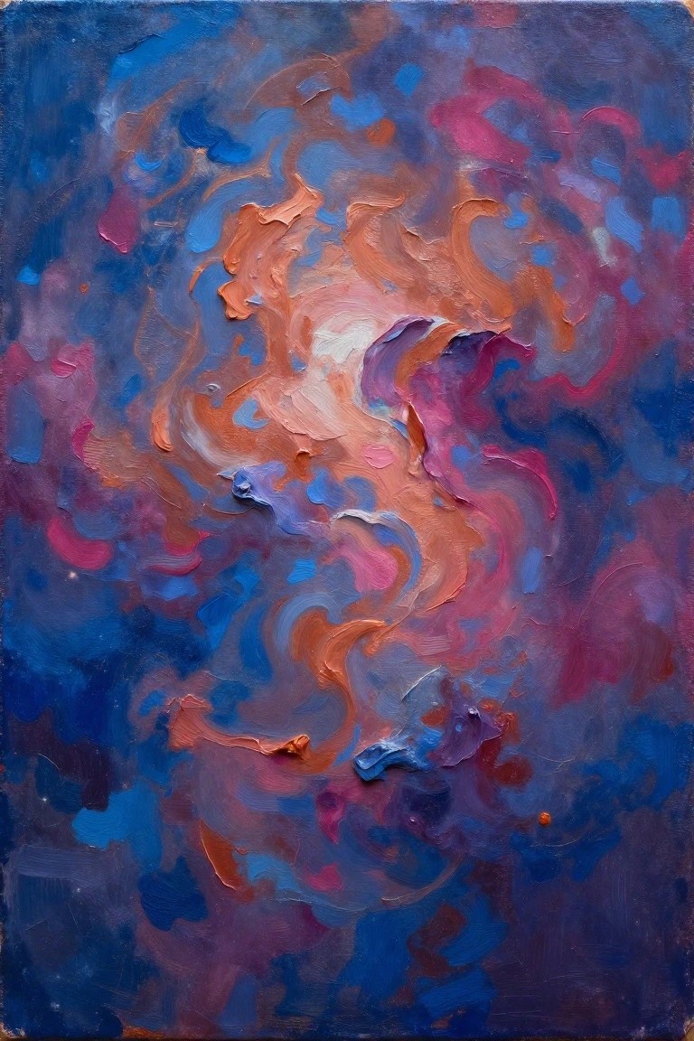 Abstract painting with thick swirling brushstrokes of blue, orange, pink, and purple.