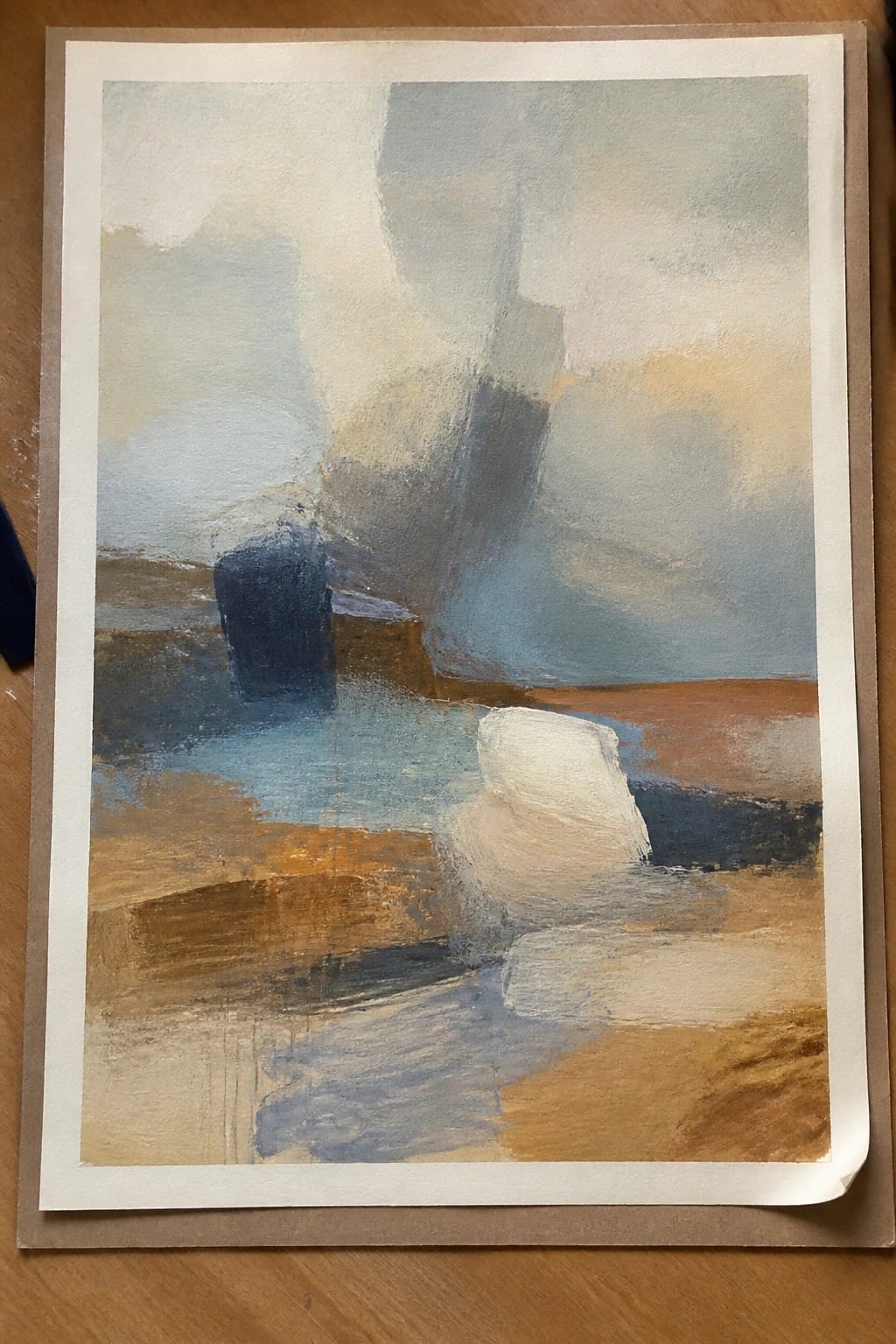Abstract painting with soft blue, gray, brown, and white brushstrokes.