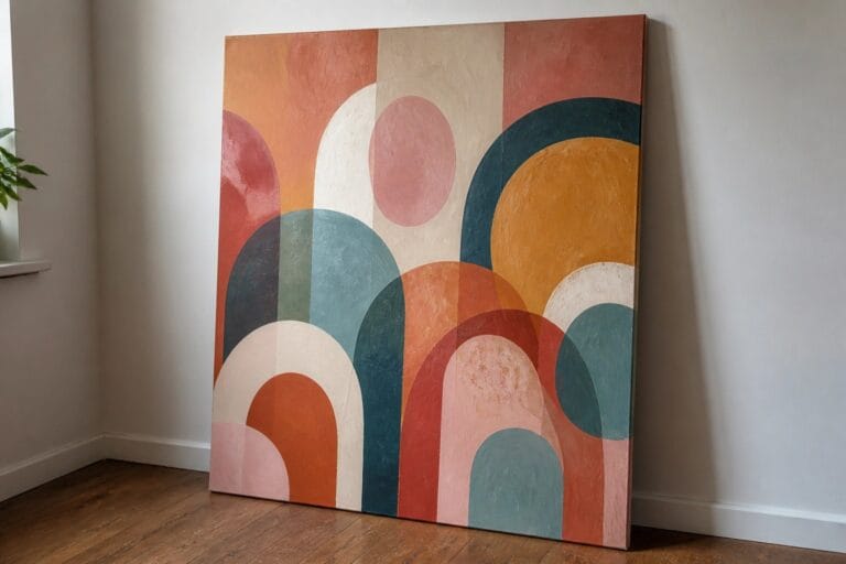 19 Stunning Abstract Oil Paintings That Turn Blank Walls Into Statement Pieces Abstract painting with overlapping curved shapes in terracotta, teal, peach, and mustard hues on wooden floor.