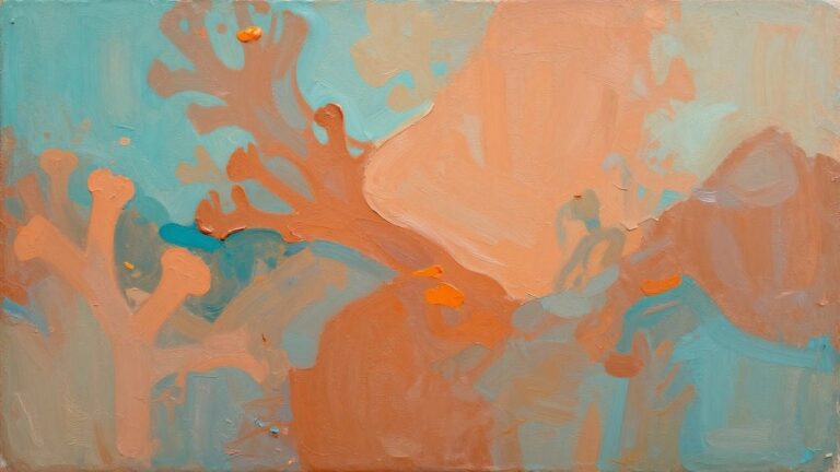19 Stunning Abstract Oil Paintings That Turn Blank Walls Into Statement Pieces Thickly textured painting of orange tree branches on swirling teal background