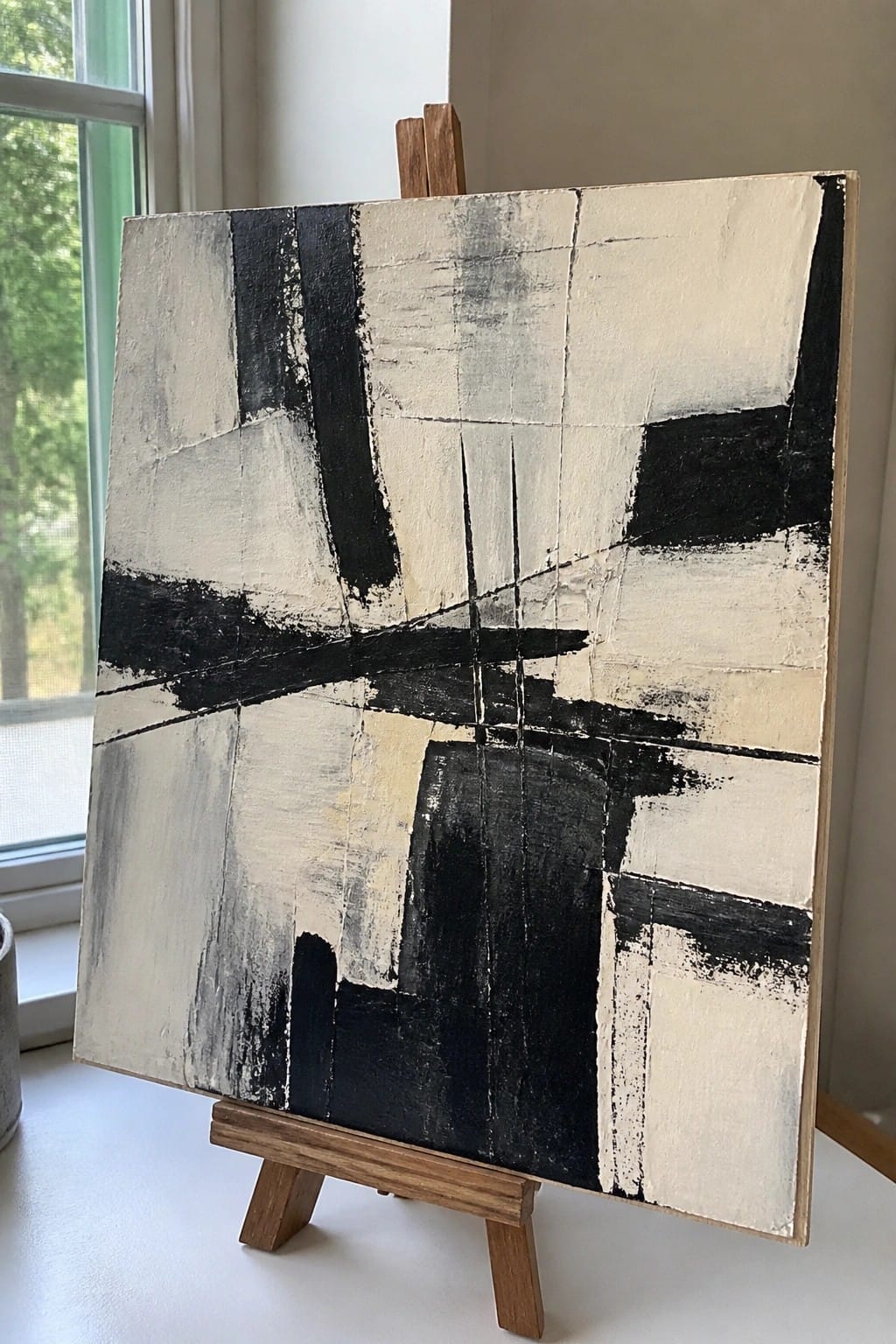 Abstract black and white painting on wooden easel by window.
