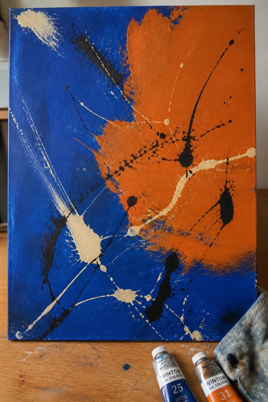 Abstract blue-orange canvas with black splatters beside blue and orange oil paint tubes on wood