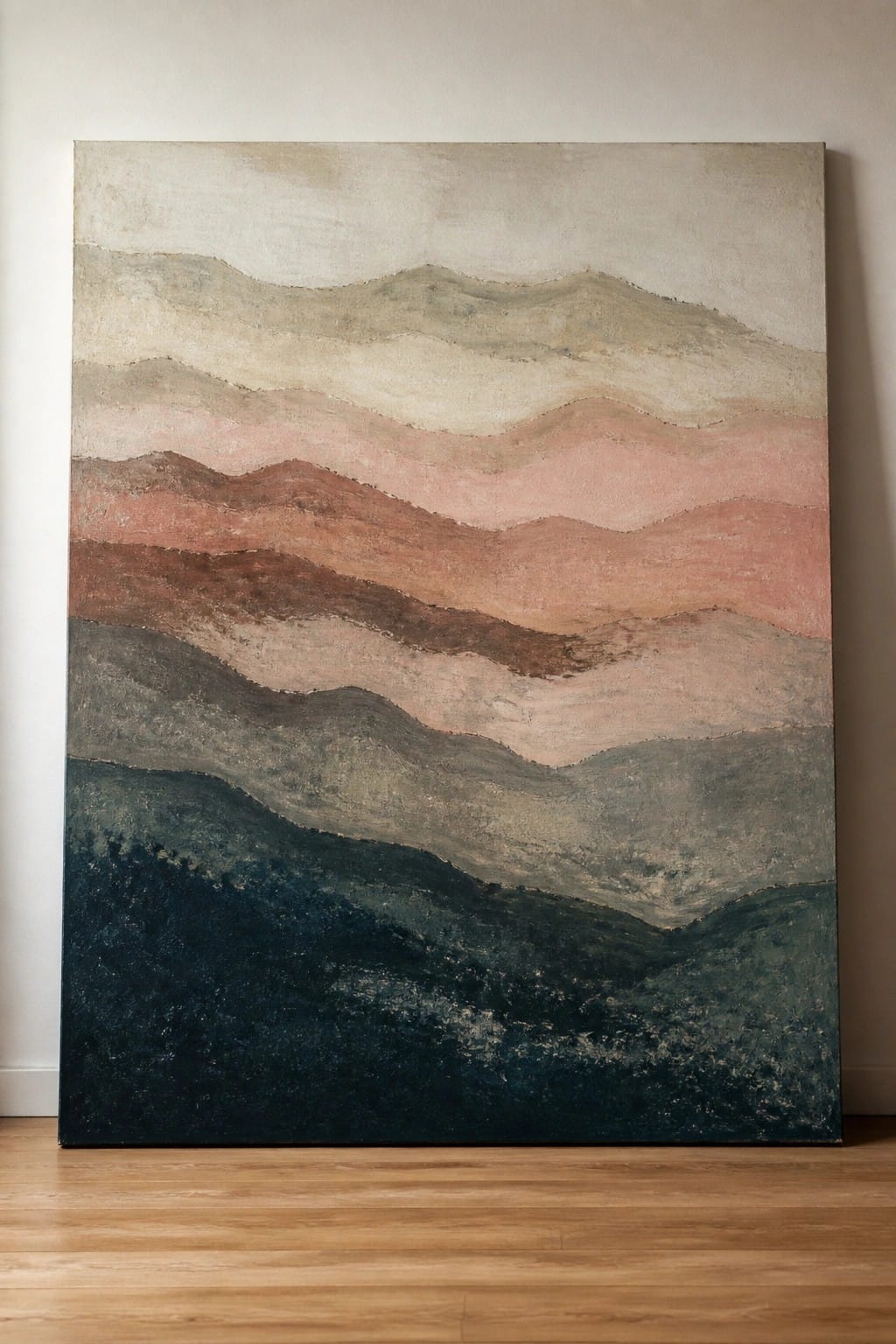 Abstract painting of layered wavy hills in earth tones on canvas against wall