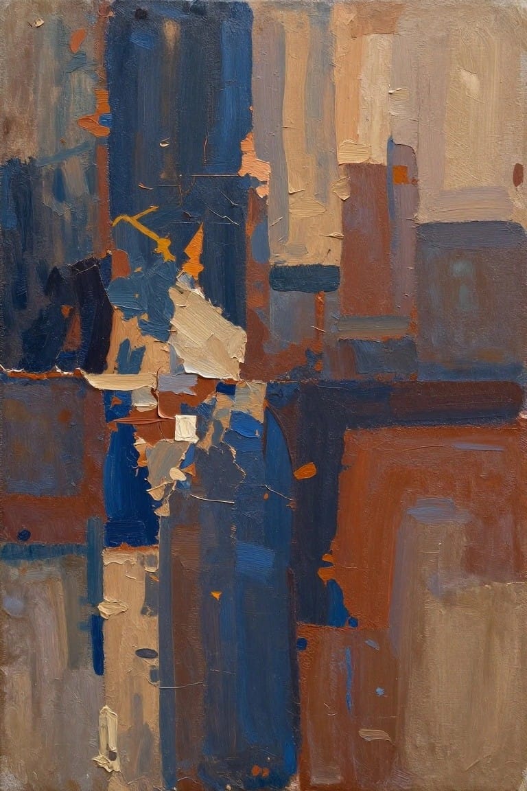 Abstract painting of overlapping blue, brown, and orange geometric forms with thick texture.